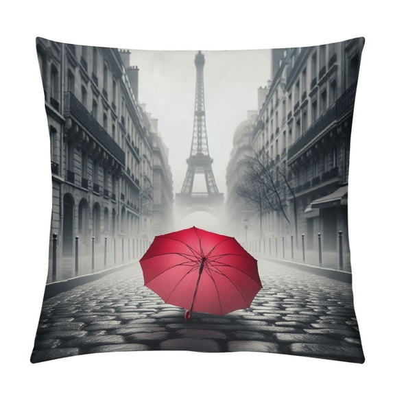 Orinice  Red Umbrella Throw Pillow Cushion CoversEiffel Tower Paris Street Black White Rain City Love Lonely Travel Building Decorative Square Accent Pillow Case White