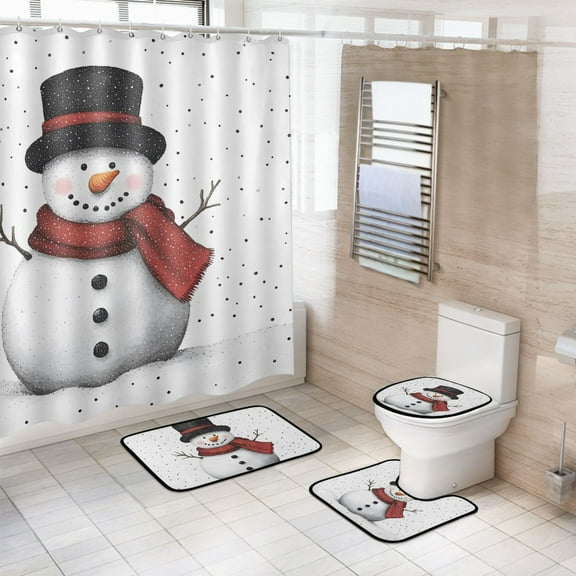 Ryvnso 4 Pcs Snowman Bathroom Shower Curtain Set with 12 Hooks Bath Mat Toilet Lid Cover