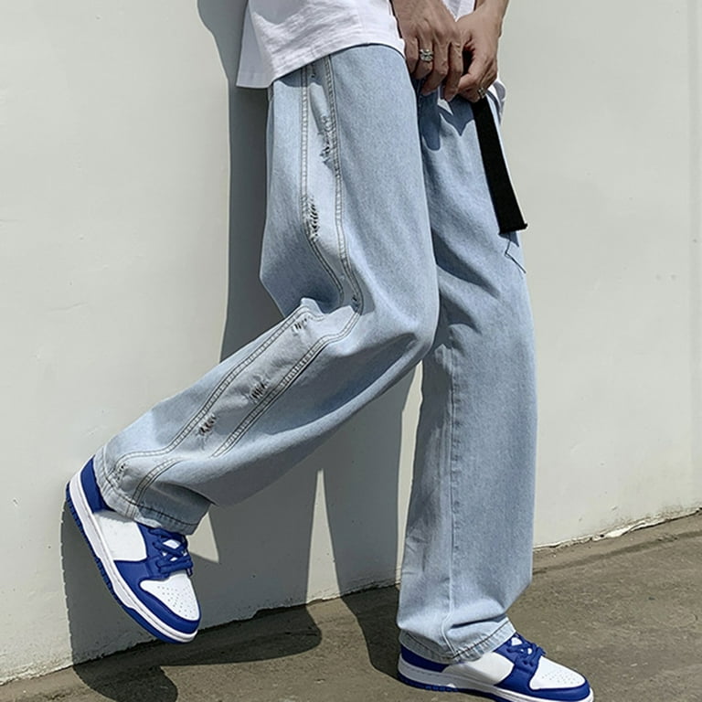 Spring Blue Full-Length Oversized Loose Fit Wide Leg Cargo Pants Men's Fashion  Plus-Size Jeans Street Trousers 