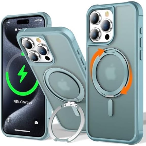 360° Rotatable Magnetic Ring for iPhone 15 ProMax Case, with Stand & Ring Holder, [Compatible with MagSafe] Mil-Grade Shockproof Translucent Back for iPhone 15 Pro Max Case 6.7", Green
