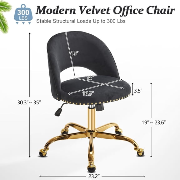 Modern Velvet Small Office Chair,Cute Desk Chair with Wheels,Gold Base/Studs, Comfy Armless Swivel Vanity Task Chair for Women/Girl/Kids, Nail Tech Chair for Bedroom,Small Space,Black