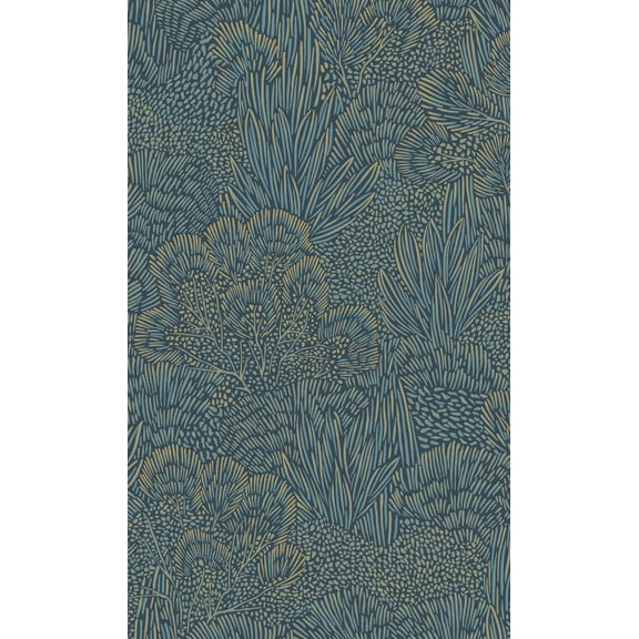 Blue & Gold Embossed Leaves & Trees Tropical Wallpaper, Double Roll, 57 sqft