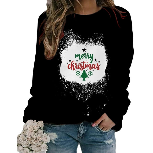 Top de suéter con estampado navideño de manga larga con cuello redondo para mujer primavera otoño Pompotops FGAJ9768