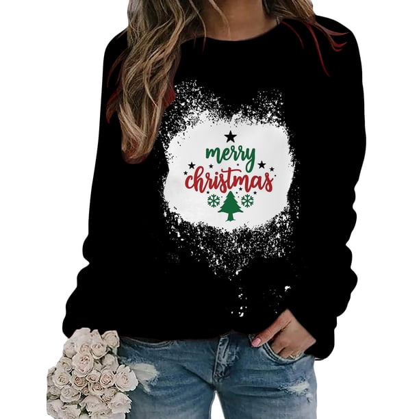 Top de suéter con estampado navideño de manga larga con cuello redondo para mujer primavera otoño Pompotops FGAJ9764