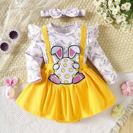 Hfolob Toddler Girl Clothes Outfits Easter Romper Dress Infant Floral Bunny Print Ruffle Long Sleeve Bodysuit Jumpsuits With Headband Cute 2 Piece Outfits 3-6 Months