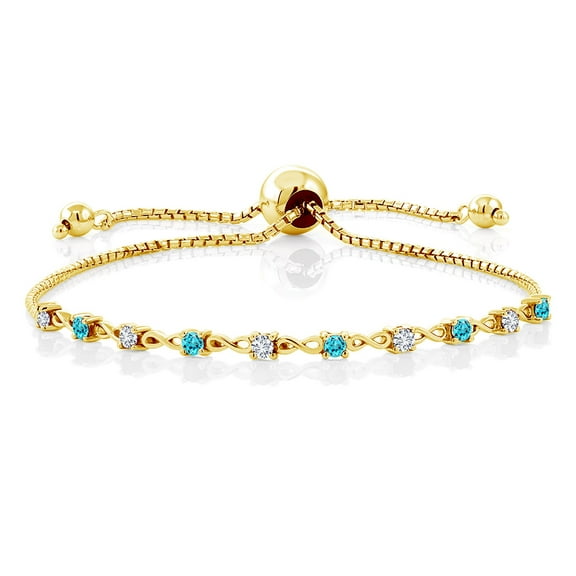 Gem Stone King 0.73 Ct E-F Lab Grown Diamond Swiss Blue Topaz 18K Yellow Gold Plated Silver Bracelet for Women