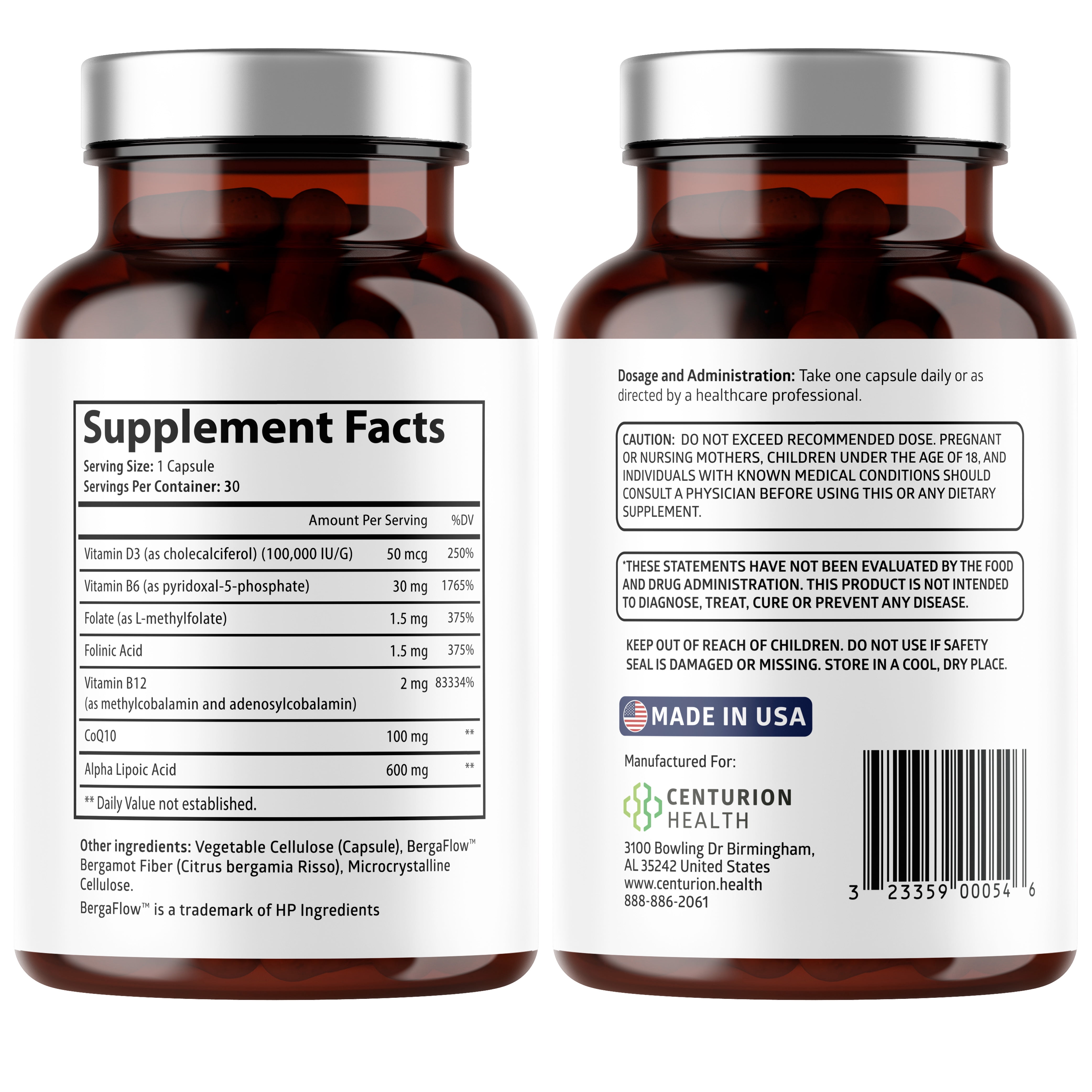 Puralor DN Nerve Support Supplement with Alpha Lipoic Acid, CoQ10, Folate, Vitamin B12 and Vitamin D3, Non-GMO, Vegan, 30 Caps