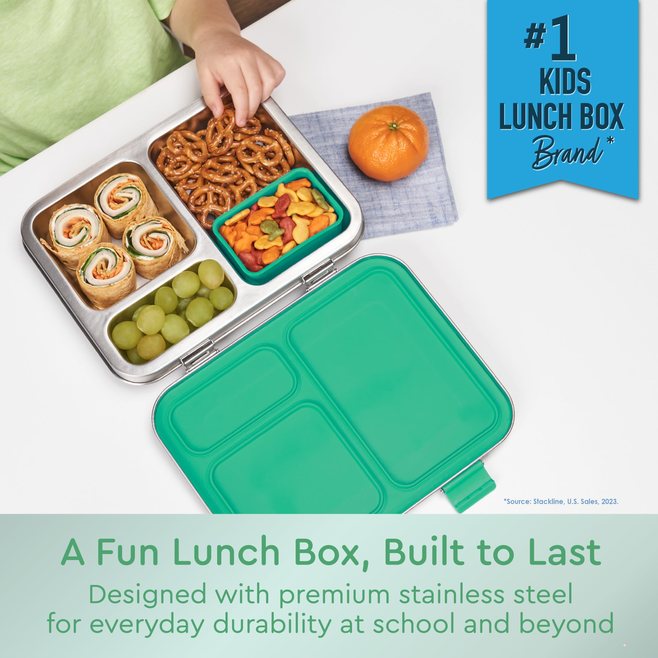 Bentgo Kids Stainless Steel Leak-Resistant Lunch Box - 3-Compartments with Bonus Silicone Container, Durable, Eco-Friendly, Dishwasher Safe, BPA-Free, Ideal for School, Ages 3+ (Green)