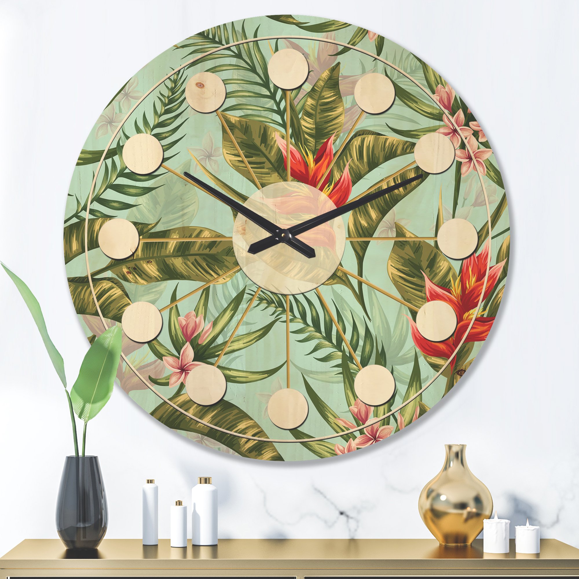 Designart 'Foliage Tropical I' Mid-Century Modern Wood Wall Clock