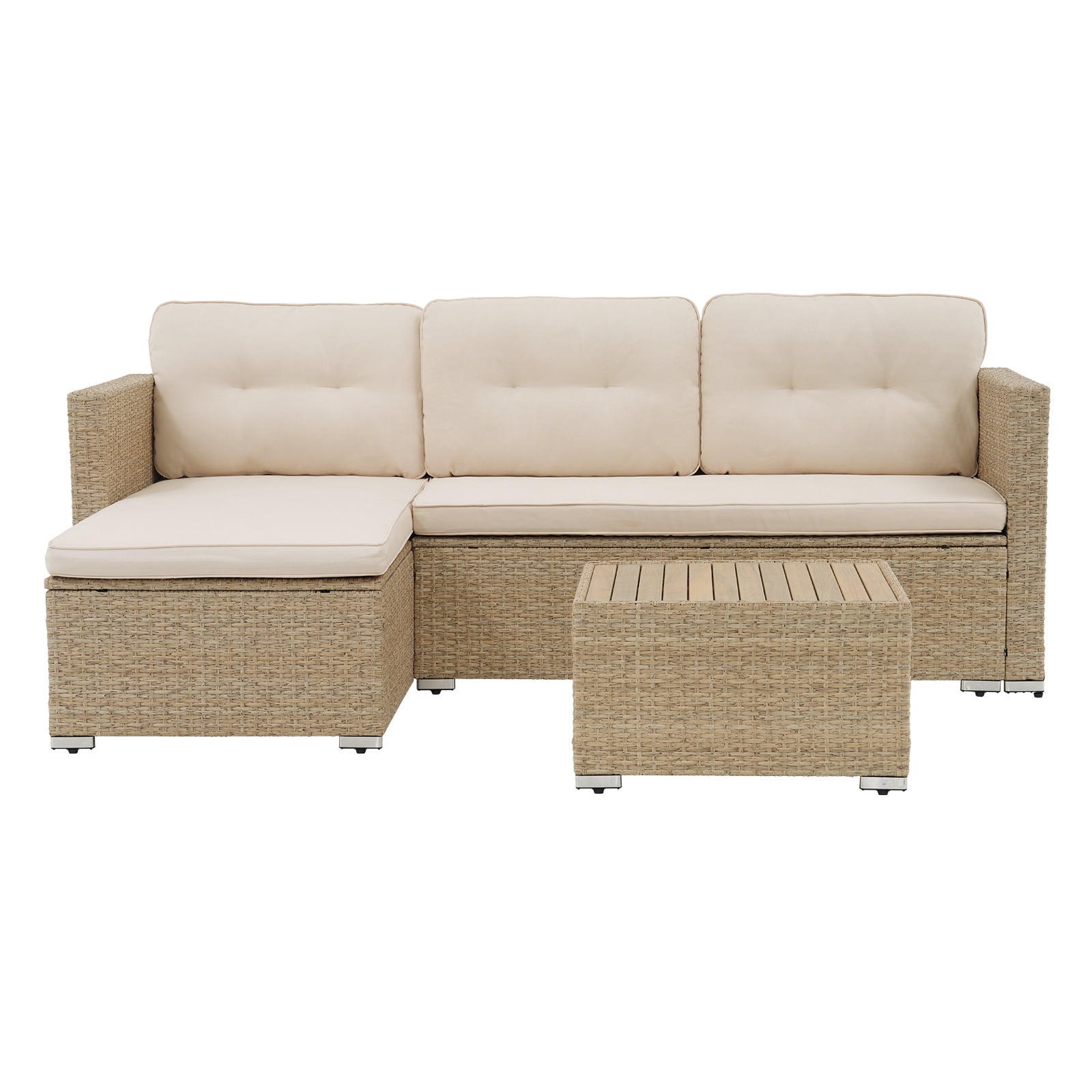 JOIVI 3 Pieces Patio Conversation Set, PE Wicker Rattan Outdoor Furniture Set, 2 Ways Small Sectional Sofa with Cushions, Tempered Glass Coffee Table, Creamy White