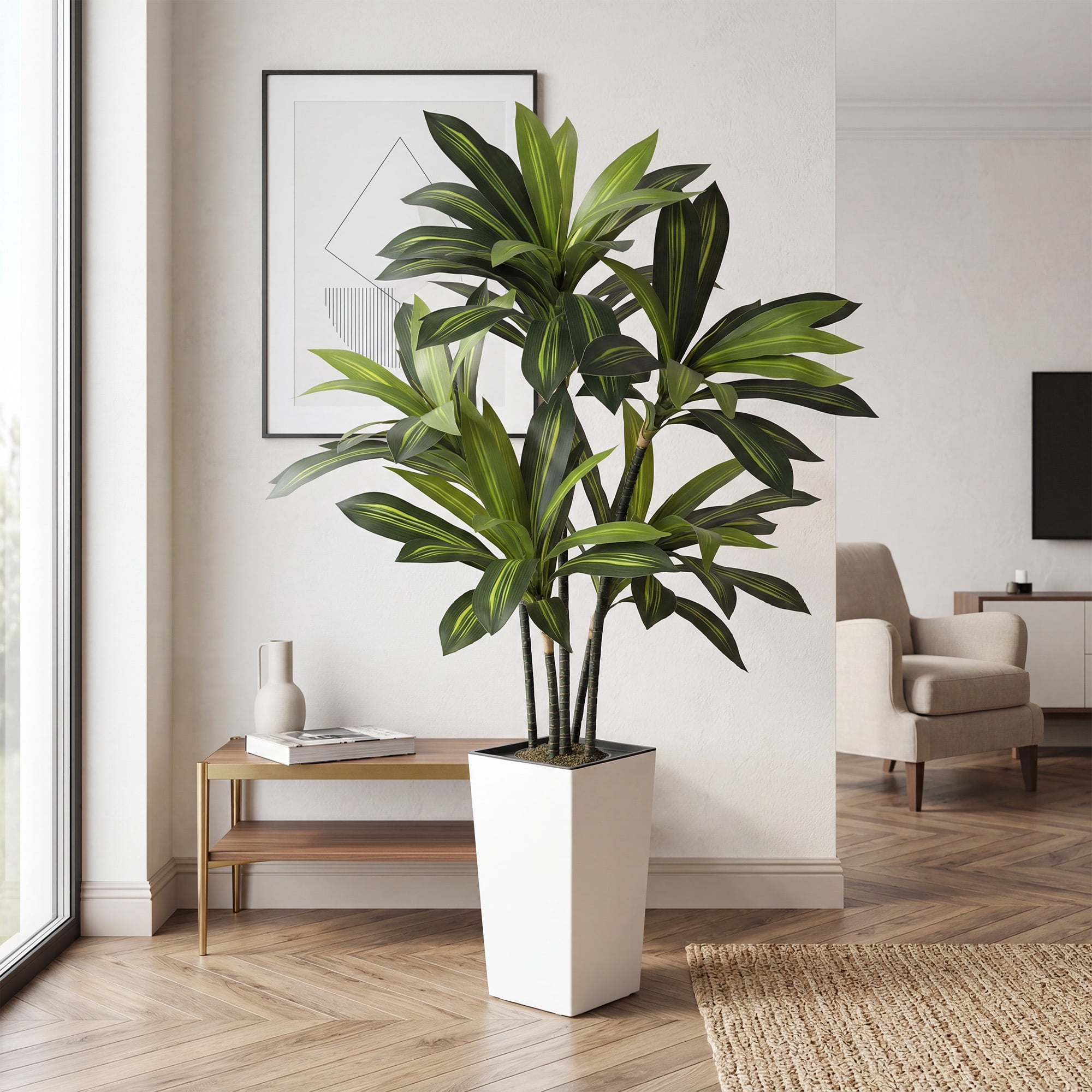 Artificial Dracaena Tree 5FT with White Tall Planter – Lifelike Faux Plant for Home Office Decor
