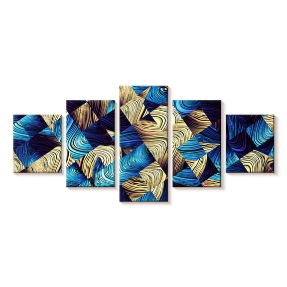 Elephant Stock Blue Abstract Geometric Wall Art - Horizontal Multi Panel Canvas - Living Room Wall Decor - Abstract Multi Panel - Blue And Beige Decor - 29" x 12"