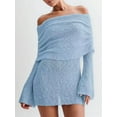 thumbnail image 3 of Women'S Off Shoulder Mini Skirt Bodycon Long Sleeve Crochet Out Going Mesh Elegant Sweater Dress Light Blue M, 3 of 5