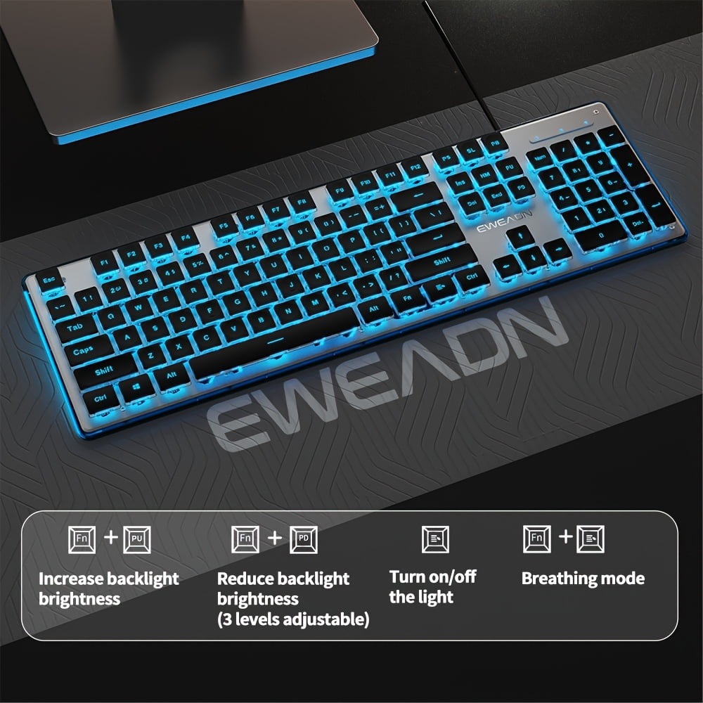 Silent wired gaming keyboard, LED backlit full-size ergonomic office keyboard, slim and quiet design, suitable for work and study, compatible with Windows laptops, ideal for offices, schools, dormito