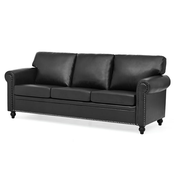 Classic Faux Leather 3-Seater Sofa with Nailhead Trim and Rolled Arms, Black
