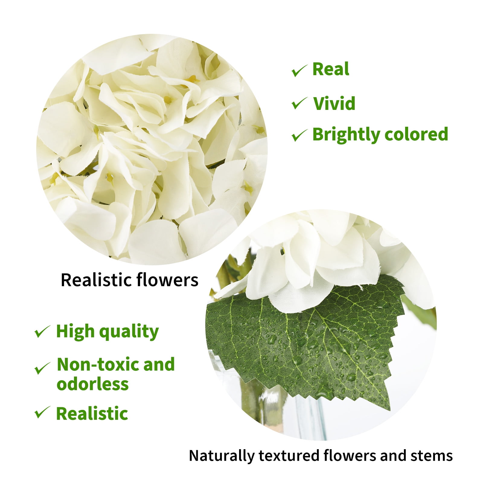 5 Pcs 16" Realistic Artificial Hydrangea with Glass Vase, Large Real Touch Flowers Artificial Flowers Dry Flowers Outdoor Wedding Christmas Office Family Party Living Room Table Decoration (White)