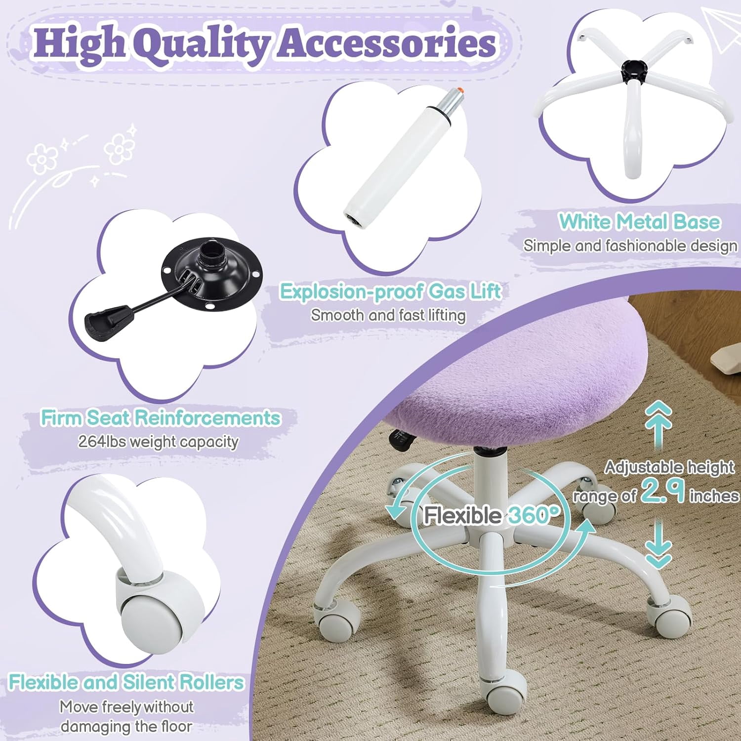VINGLI Small Vanity Chair with Wheels for Girls.Cute Modern Adjustable Height Armless Office Desk Chair.360°Swivel Comfy Rolling Chair for Study, Make up Room,Small Space,Linen White