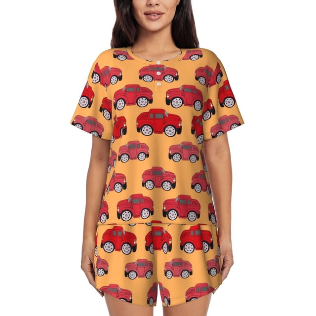 KLL Ensemble de Pyjama Imprimé Voitures Rouges pour Femmes Manches Courtes Vêtements de Nuit Doux 2 Pcs -3TG