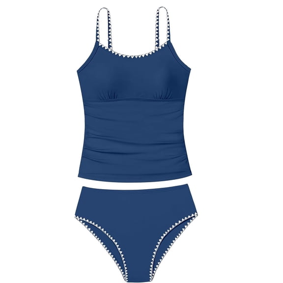 Ytxxxx Girls 2 Piece Swimsuit Solid Color Tankini Contrast Trim Swimwear Bathing Suit Padded Swimsuits Navy 10-11 Years