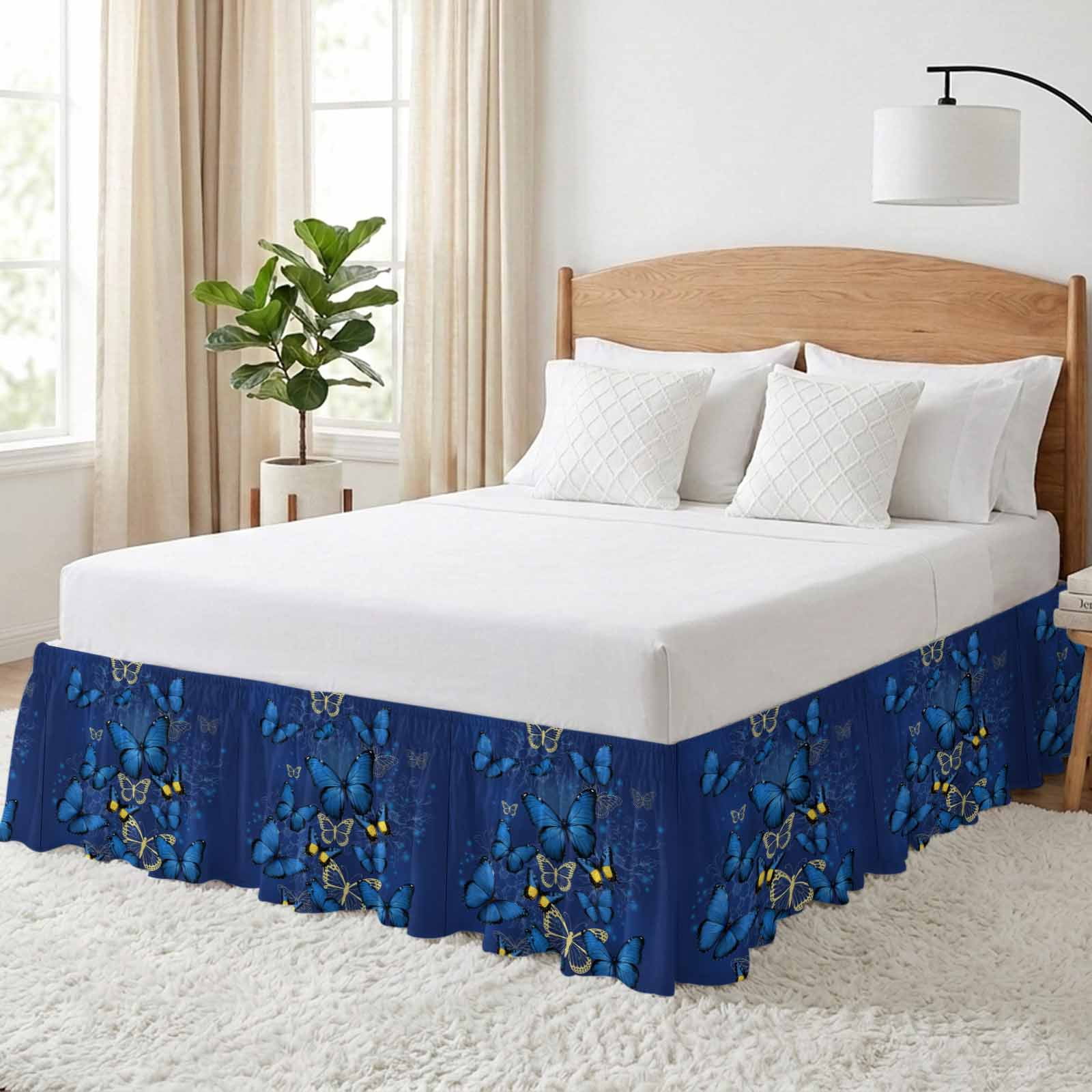 Blue Butterfly Bed Skirt Queen Size, Farmhouse Modern Nature Animals Art Wrap Around Bed Skirting with Adjustable Elastic Strap, Dust Ruffle Pleated Bedskirts 16 Inch Drop for Bedroom Queen Beds