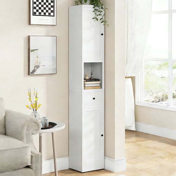 CQSXDA Freestanding 5-Tier Narrow Bathroom Storage Cabinet in White with 2 Doors and Adjustable Shelves for Home Use