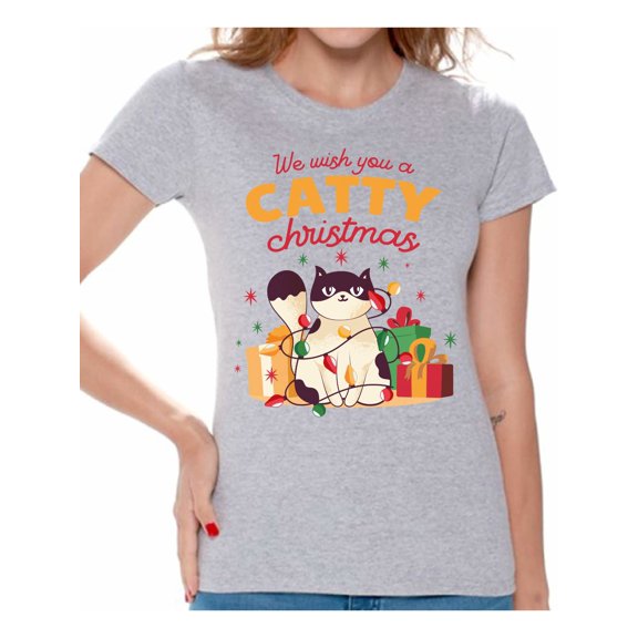 Catty Christmas Women Shirt Xmas Gifts for Her Cat Women's Tee Happy Holidays Merry Xmas T-Shirt