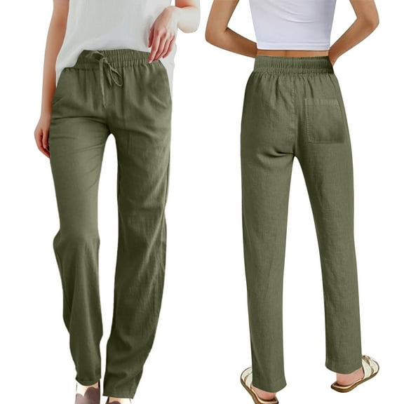 SNKSDGM Black Pants for Women Jeans Women's Summer Solid Color Linen High Waist Elastic Drawstring Pants Lightweight Loose Fit Casual Trousers with Pockets for Comfort and Style S