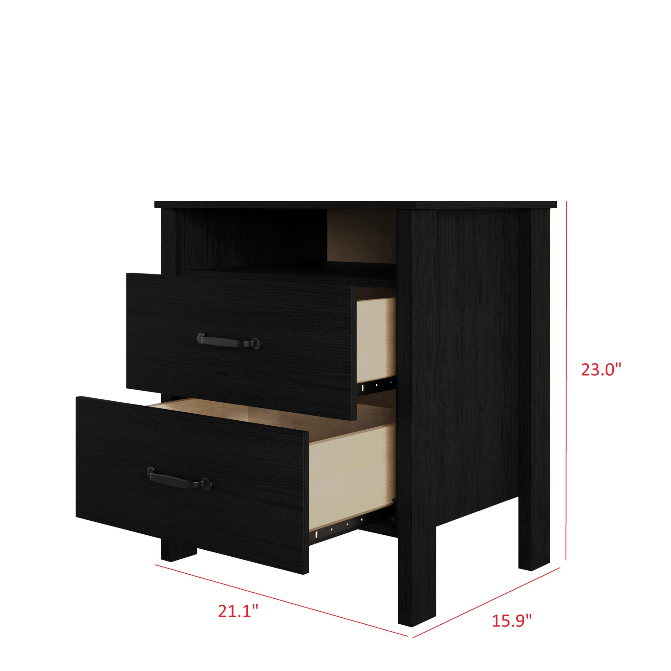 Home Design Alamosa Nightstand with Two Drawers and Open Shelf, Space-Saving Design, Black (Set of 2)