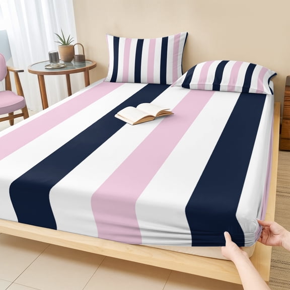 King Size Fitted Sheet Set - Pink Navy Blue Striped 3 Piece Bedding Sets 16" Deep Pocket Fitted Sheet with 2 Pillowcases, Farmhouse Stripe Art Brushed Microfiber Hotel Luxury Bed Sheets