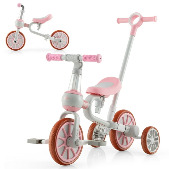 Costway 4 en 1 Tricycles pour Enfants avec Poignée Poussoir et Roues d'Entraînement Bébé Équilibre Vélo Rose