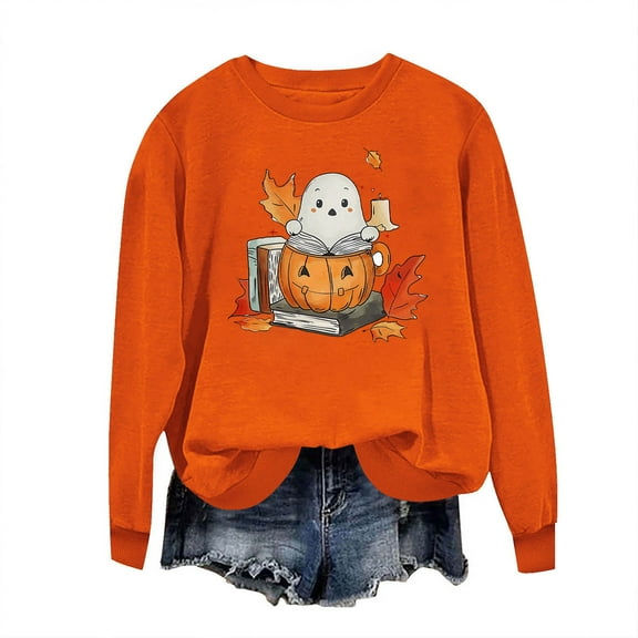 Women's Halloween Sweatshirts Pumpkin Print Sweatshirt Cute Graphic Crewneck Sweatshirt Funny Long Sleeve Tops Basic Pullover for Spring Autumn Winter Orange S
