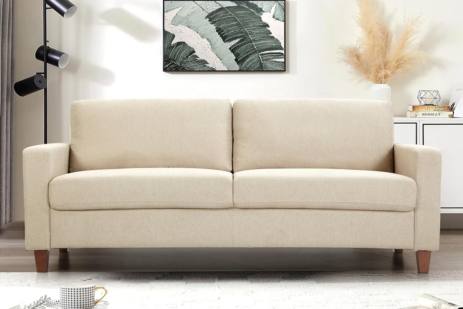 US Pride Furniture Mid Century Modern Couch for Small Spaces Living Rooms Apartments and Condos 3 Seater Sofa with Reversible Back Pillows Beige
