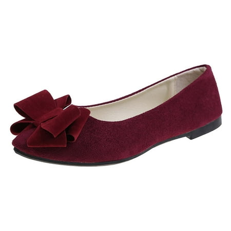 hopeusnice Clearance Women s Pointed Toe Bowknot Flat Shoes Slip On Ballerina Flats Comfortable Suede Flats Dress Shoes Wine 41