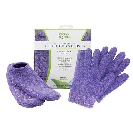 NatraCure Moisturizing Gel Booties and Gloves Set - (For dry skin, dry hands and feet, cracked heels, cuticles) - Color: Lavender
