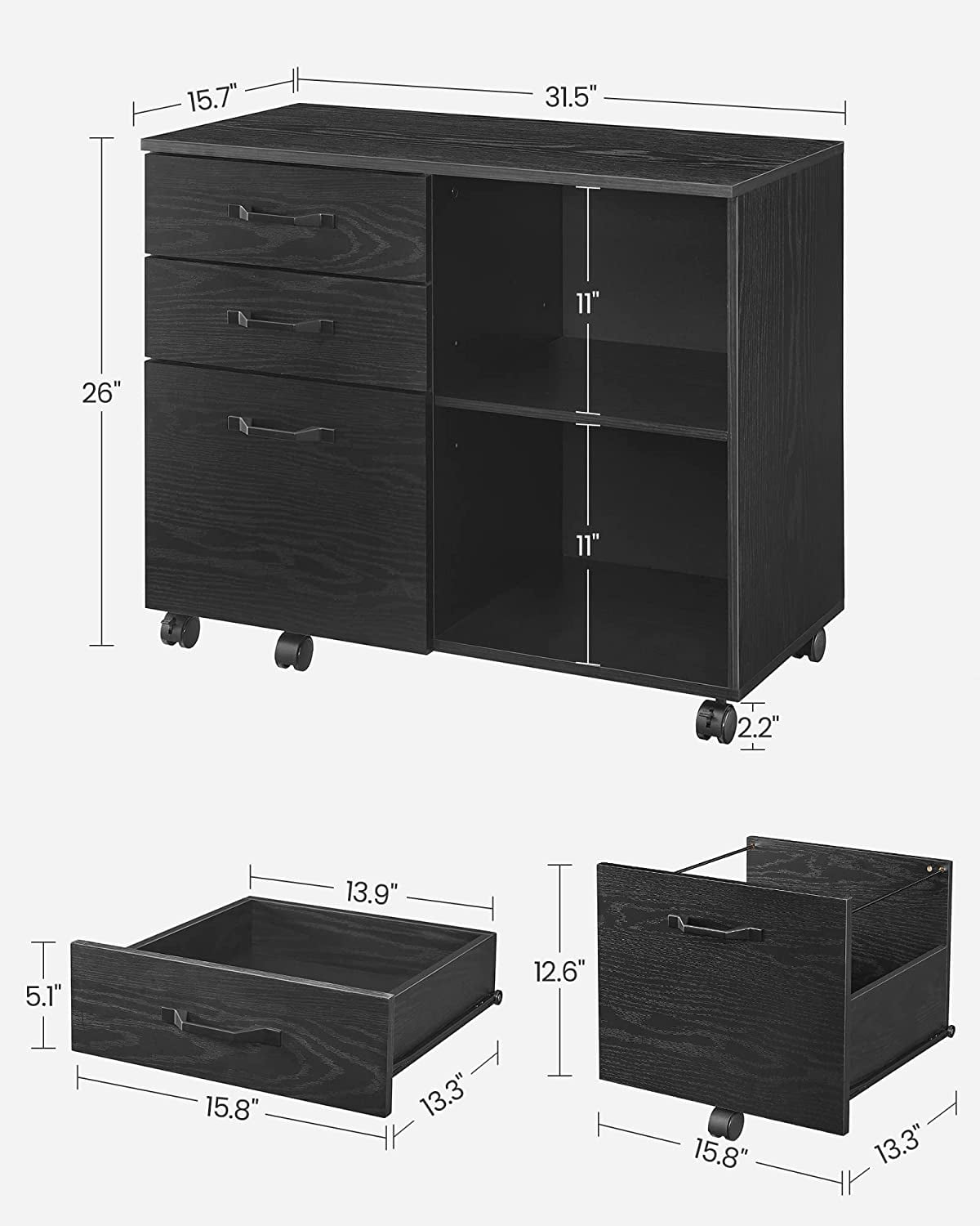 VIVO Black 2 Drawer Mobile Filing Cabinet with Metal Frame, Wooden Drawers,  and Anti-Tipping Wheel, FILE-WC01B 