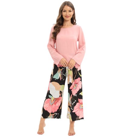 

huanledash 1 Set Women Pullover Pants Flower Print O-Neck Long Sleeve Homewear Super Soft Loose Sleepwear Pajamas Set for Spring Summer Autumn