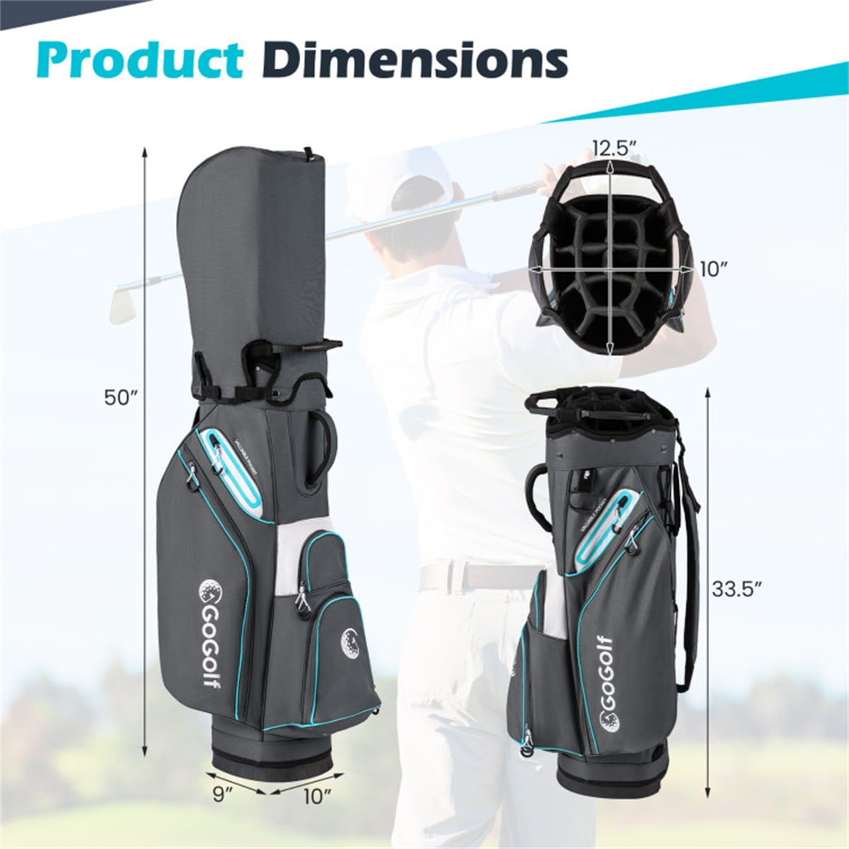 14 Way Golf Cart Bag 6 Zippered Pockets With Cooler Waterproof Zippers Gray Blue 4.7Lbs 33.5In Height 14 Divider Top Putter Well Rain Hood Umbrella Holder Polyester Lightweight Cart Bag Pro