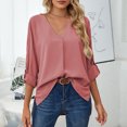 thumbnail image 4 of Blouse Long Sleeve V Neck Pure Color Ruffle Rolled Cuffs Fashionable Casual Tops for Women Pink M, 4 of 6