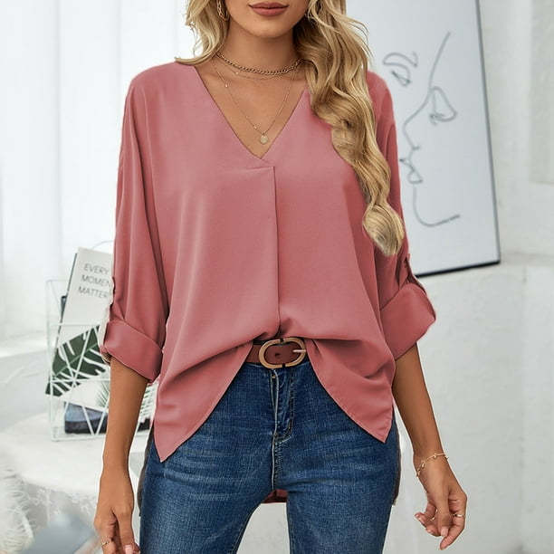 V Neck , Women Ruffle Blouse Long Sleeve Comfortable Pure Color For Female  For Holiday For Travel Pink XL