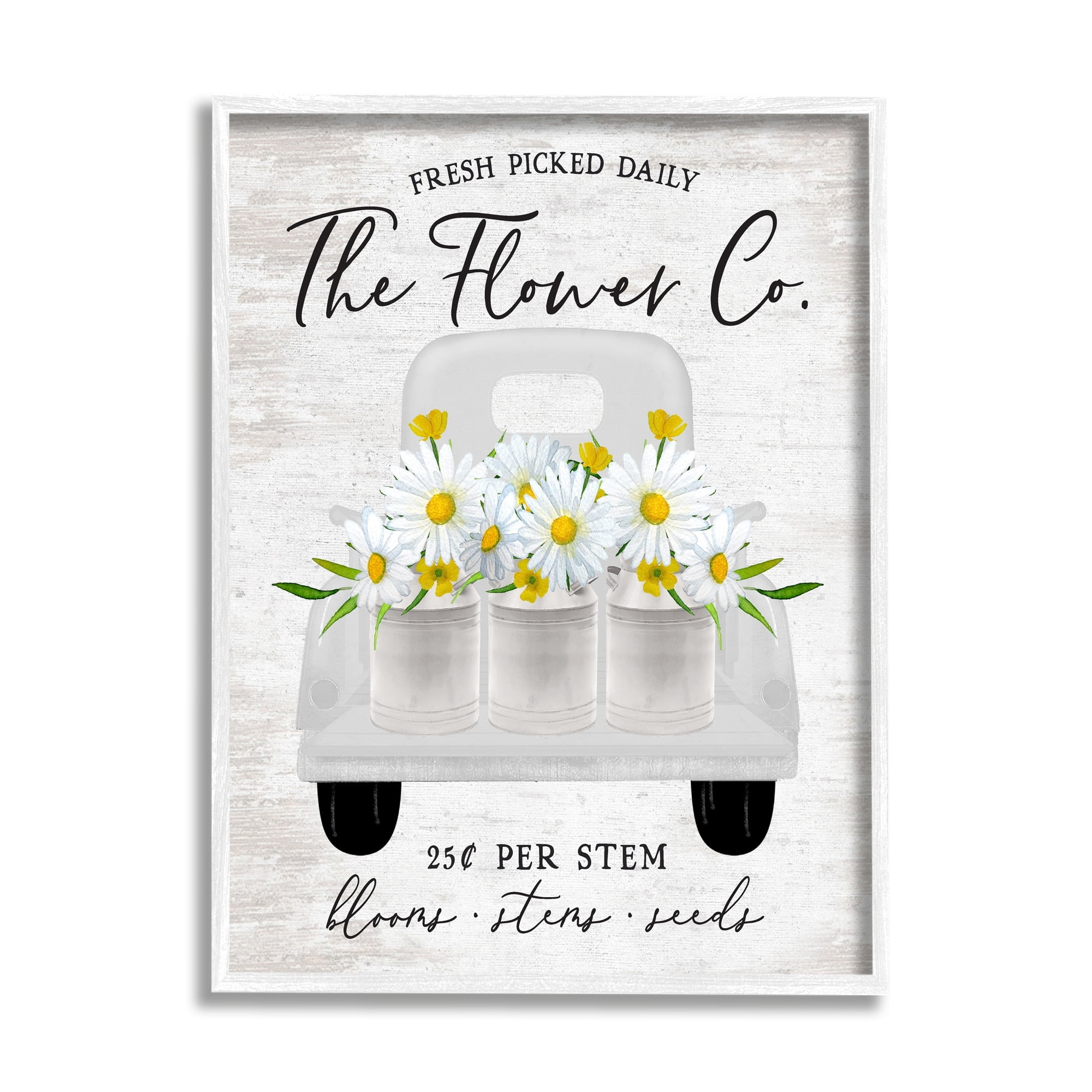 Stupell Industries Vintage Flower Co. Daisy Blooms Filled Pickup Truck Graphic Art White Framed Art Print Wall Art, Design by Lettered and Lined