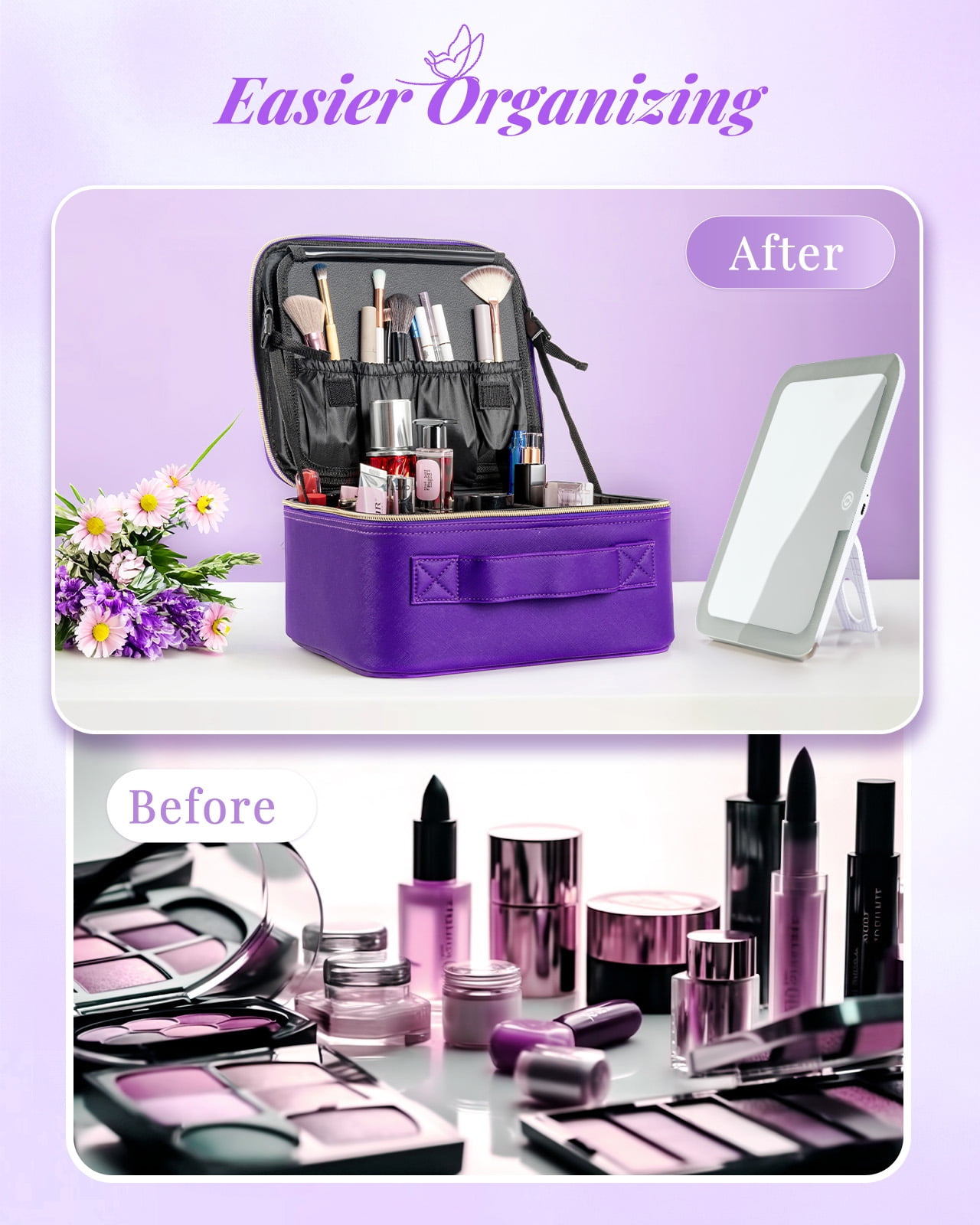 Makeup Bag with Mirror of LED Lighted, Travel Makeup Train Case with Adjustable Dividers, Portable Makeup Cosmetic Bag Organizer(Purple)