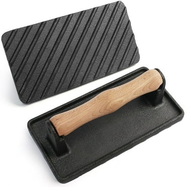 LotFancy Burger Press, Heavy Duty Cast Iron Smash Bacon Press Meat Steak with Wood Handle, 8 x 4 in