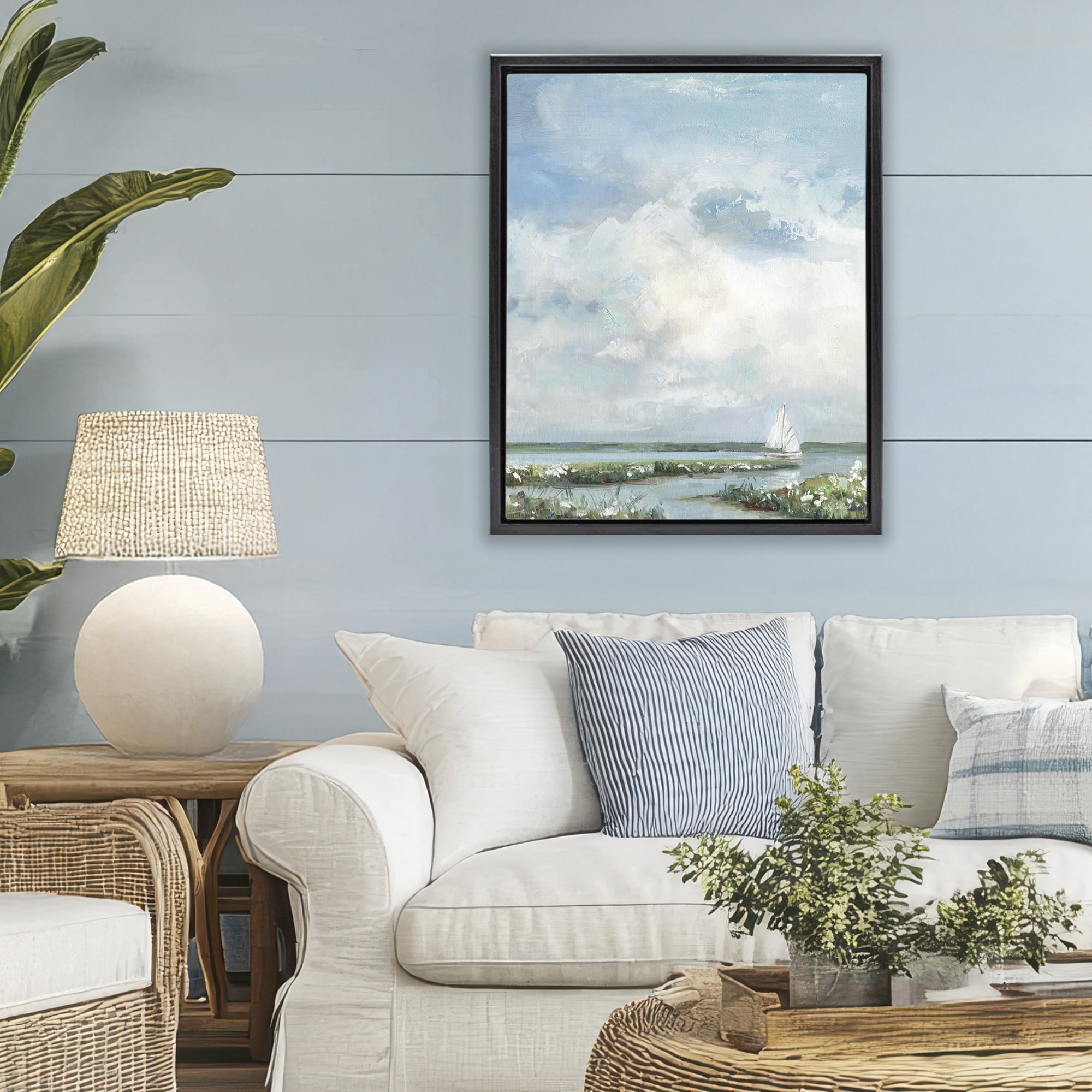 Stupell Industries Sailboat On Summer Marsh Black Framed Floater Canvas Wall Art, design by Sally Swatland