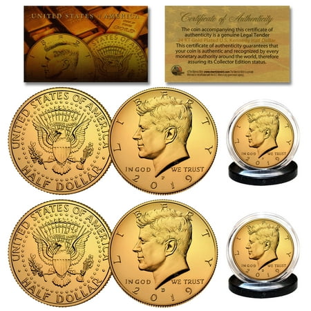 2019 24K GOLD Clad JFK Kennedy Half Dollars 2-Coin Set P&D MINT w/COA &