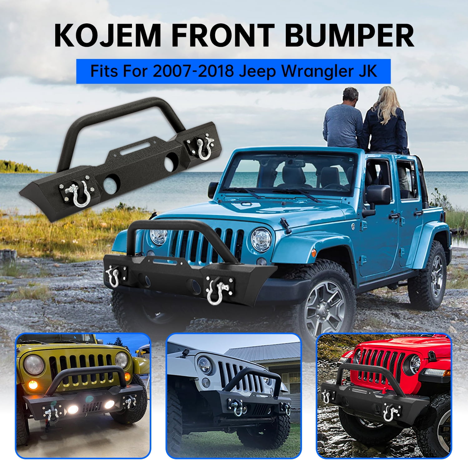 Kojem 5U0D040O8JPI, Automotive Front Bumper with Heavy-Duty fits Jeep Wrangler 2007-2018 Black