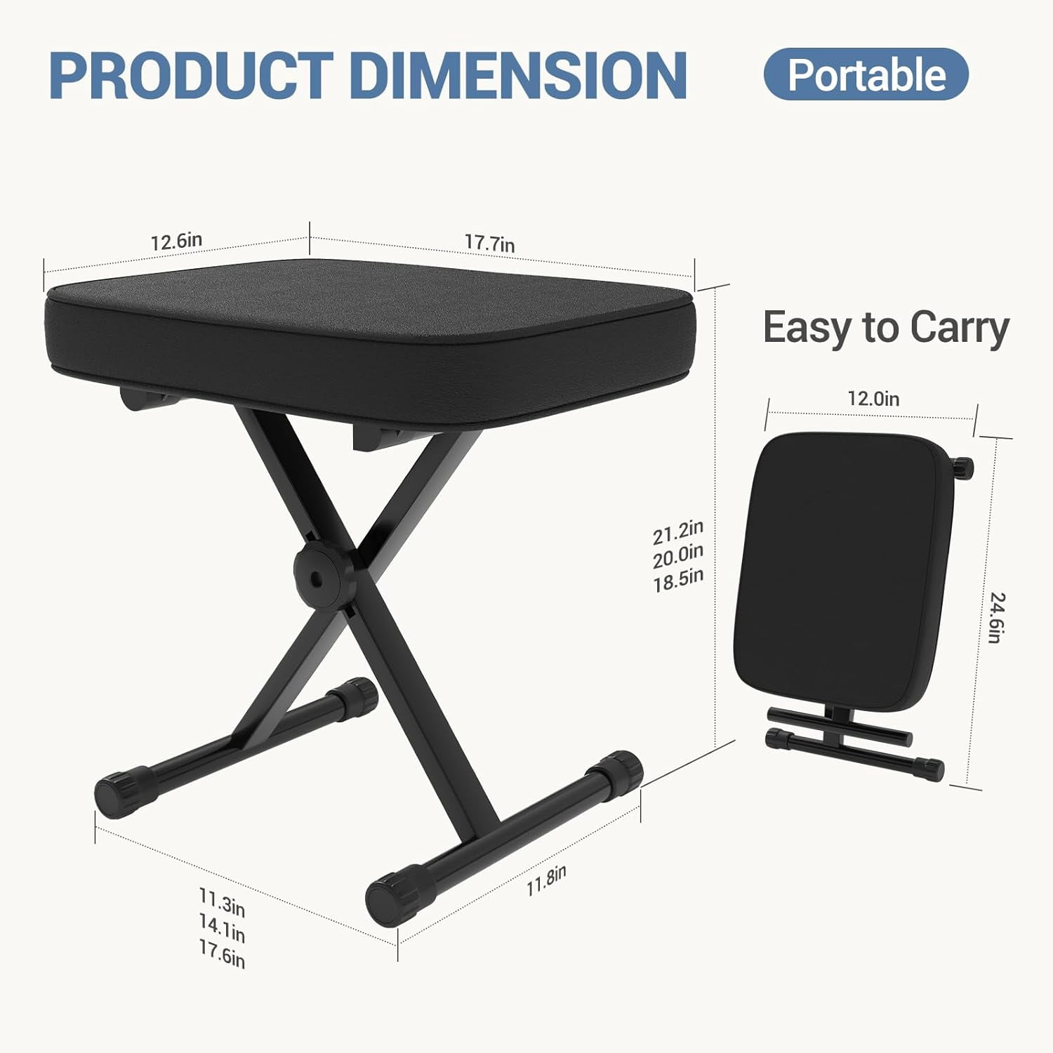 JIOABL Adjustable Piano Bench, X-Frame Music Stool with Padded Seat, Steel Frame, Black Cushion for Piano Keyboard Stand,Black