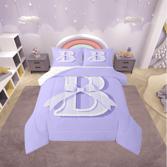 Erosebridal Initial Letter B Comforter Sets Twin Size, Purple Comforters & Duvets, Kawaii Bow-tie Reversible Duvet Insert, Lightweight Room Decorative, 2 Pieces
