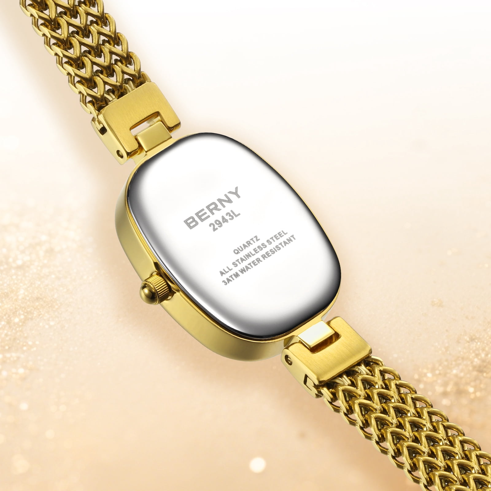 BERNY Small Gold Watches for Women, Dainty Oval Analog Quartz Bracelet Watch, Stainless Steel, Waterproof, Minimalist Luxury Ladies Watches Gifts (Gold)