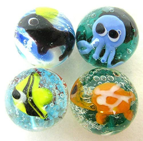 Big Game Toys~4 Aquarius Marbles Seal Tortoise Angle Fish 16mm Handmade Art Glass Octopus 