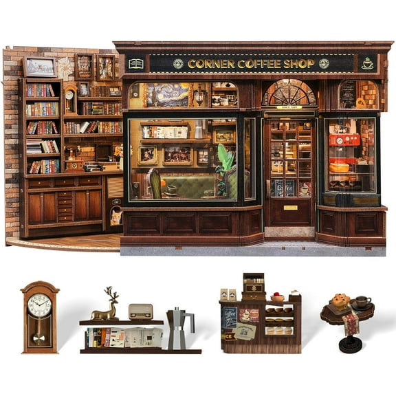 Book Nook Kit - DIY Miniature House Coffee Shop Dollhouse Kit for Adults and Teens, Booknook Tiny House Bookshelf Decor 3D Wooden Puzzle, Gifts for Family, Friends (Corner Coffee Shop)